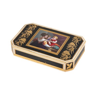 Lot 273 - Gold, Black Enamel and Painted Porcelain Snuff Box