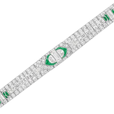 Lot 306 - Art Deco Platinum, Emerald and Diamond Bracelet