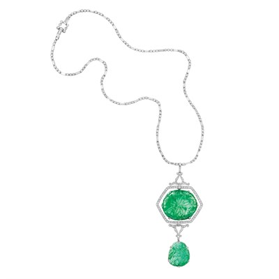Lot 307 - Platinum, Diamond and Carved Emerald Pendant-Necklace