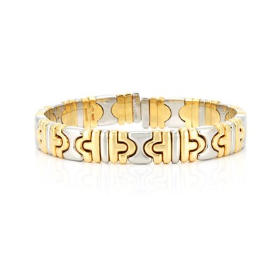 Lot 579 - Stainless Steel and Gold "Parentesi" Bangle Bracelet, Bulgari