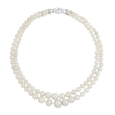 Lot 296 - Double Strand Natural Pearl Necklace with Diamond Clasp, Cartier