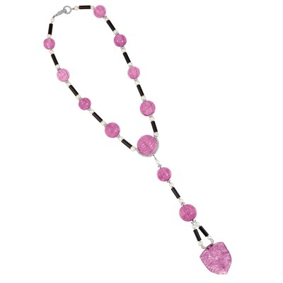 Lot 298 - Art Deco Platinum, Carved Pink Tourmaline, Black Onyx, Pearl and Diamond Pendant-Necklace, Cartier