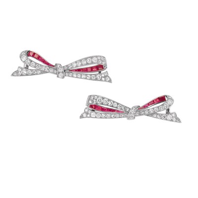 Lot 289 - Pair of Platinum, Diamond and Ruby Bow Hair Barrettes, Cartier