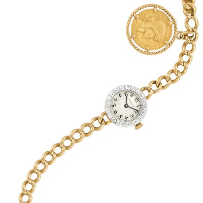 Lot 283 - Antique Gold, Platinum and Diamond Wristwatch, Tiffany & Co., with French Gold Coin Charm