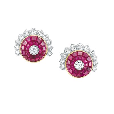 Lot 291 - Pair of Platinum, Gold, Invisibly-Set Ruby and Diamond Flower Earclips, Cartier