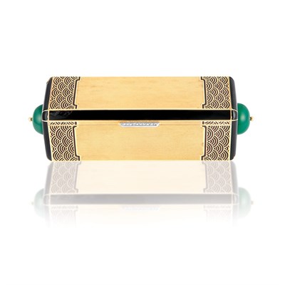 Lot 275 - Art Deco Gold, Platinum, Green Onyx, Enamel and Diamond Lipstick Case, Cartier