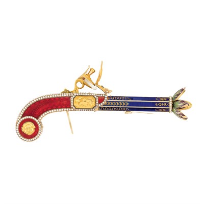 Lot 271 - Very Rare and Important Gold, Enamel and Split Pearl Perfume Sprinkler and Timepiece in the Form of a Miniature Flintlock Pistol