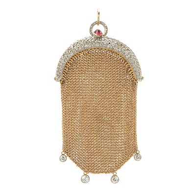 Lot 284 - Antique Gold, Platinum, Diamond and Cabochon Ruby Mesh Change Purse