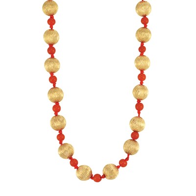 Lot 281 - Fluted Gold Bead and Oxblood Coral Bead Necklace