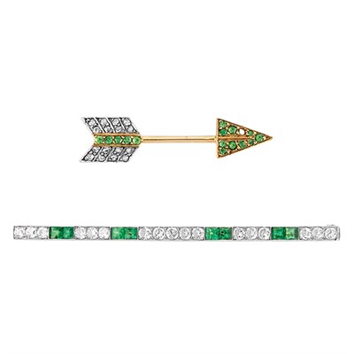 Lot 285 - Platinum, Emerald and Diamond Bar Pin, Cartier, and Antique Gold, Platinum, Demantoid Garnet and Diamond Arrow Jabot