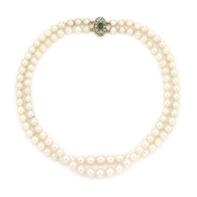 Lot 622 - Double Strand Cultured Pearl Necklace with Emerald and Diamond Clasp