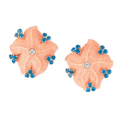Lot 384 - Pair of Gold, Carved Coral, Sapphire and Diamond Starfish Earrings