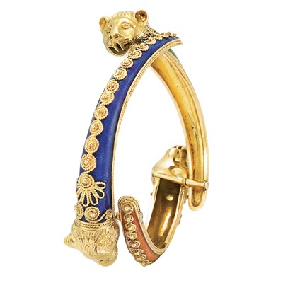 Lot 354 - Gold and Enamel Animal Head Bangle Bracelet