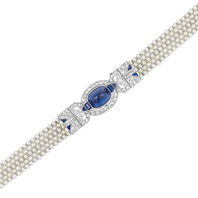 Lot 611 - Edwardian Platinum, Cabochon Sapphire, Sapphire, Diamond and Seed Pearl Mesh Bracelet