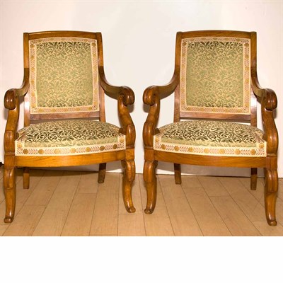 Lot 436 - Set of Six Restauration Style Fruitwood Armchairs