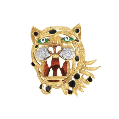 Lot 202 - Gold, Enamel and Diamond Leopard Pendant Clip-Brooch