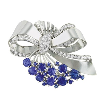 Lot 599 - White Gold, Diamond and Sapphire Bow Brooch, J.E. Caldwell