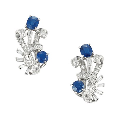 Lot 235 - Pair of Platinum, Sapphire and Diamond Earclips