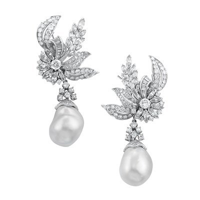 Lot 458 - Pair of Platinum, Diamond and Baroque Cultured Pearl Pendant-Earclips
