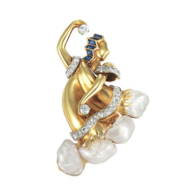Lot 32 - Gold, Platinum, Freshwater Pearl, Diamond and Sapphire Flamenco Dancer Brooch