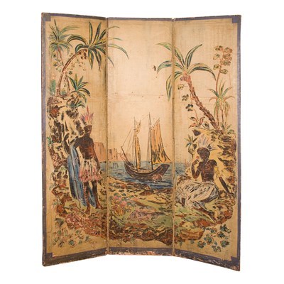 Lot 145 - Painted Canvas Three-Panel Screen Height 69...