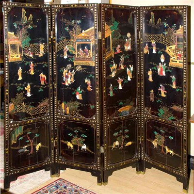 Lot 155 - Chinese Inlaid Black Lacquered Four-Panel...