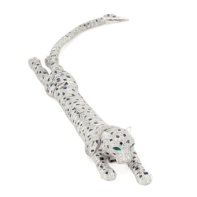 Lot 641 - White Gold, Diamond and Sapphire Leopard Bracelet