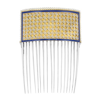 Lot 637 - Antique Gold, Metal, Seed Pearl and Blue Enamel Comb