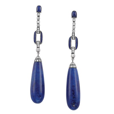 Lot 605 - Pair of Platinum, Gold, Lapis and Diamond Pendant-Earrings