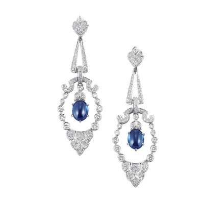 Lot 244 - Pair of White Gold, Cabochon Sapphire and Diamond Pendant-Earrings