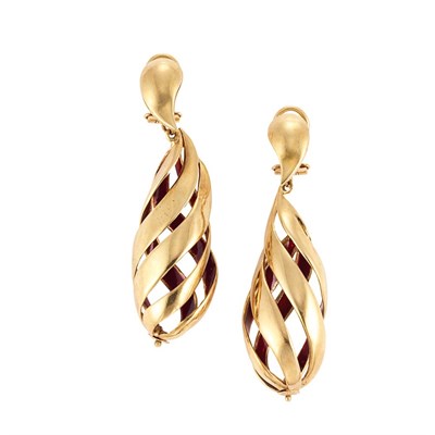 Lot 31 - Pair of Gold and Red Enamel Pendant-Earrings
