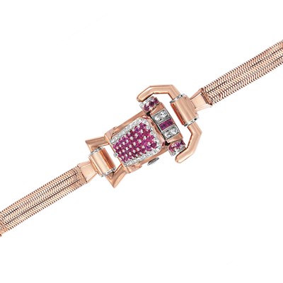 Lot 61 - Rose Gold, Ruby and Diamond Snake Chain Bracelet-Watch