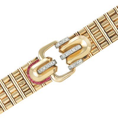 Lot 63 - Gold, Platinum, Diamond and Synthetic Ruby Bracelet-Watch