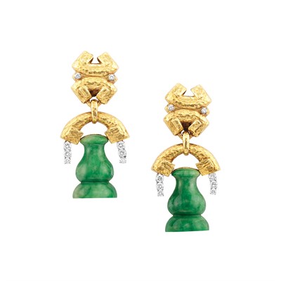 Lot 389 - Pair of Hammered Gold, Carved Jade and Diamond Pendant-Earrings