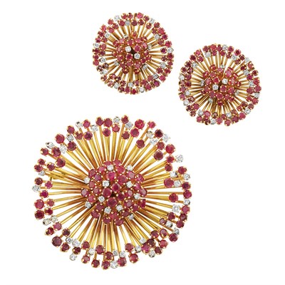 Lot 416 - Gold, Ruby and Diamond Brooch and Pair of Earclips