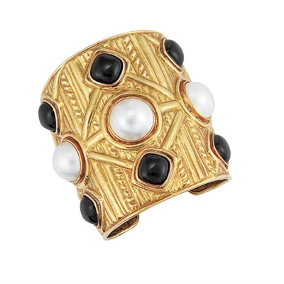 Lot 370 - Wide Gold, Mabe Pearl and Black Onyx Cuff Bangle Bracelet