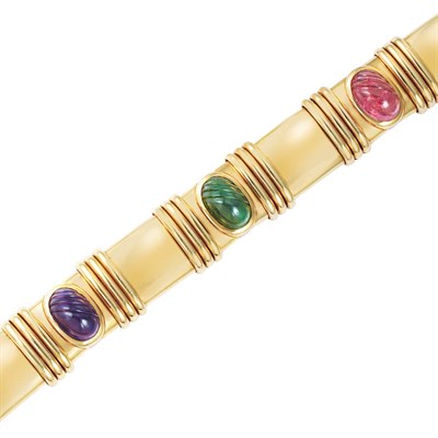 Lot 206 - Gold and Fluted Cabochon Colored Stone Bracelet