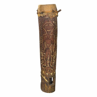 Lot 200 - Monumental Painted Wood and Leather Tribal...