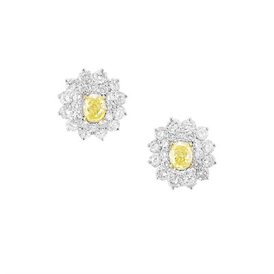 Lot 540 - Pair of Platinum, Gold, Fancy Intense and Fancy Yellow Diamond and Diamond Earrings