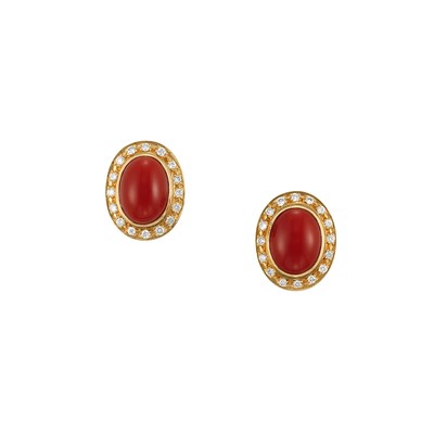 Lot 395 - Pair of Gold, Oxblood Coral and Diamond Earclips