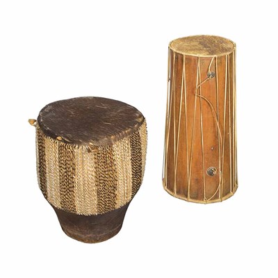 Lot 227 - Two Painted Wood and Leather Tribal Drums...