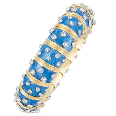 Lot 528 - Gold, Platinum, Deep Powder Blue Enamel and Diamond Bangle Bracelet, Tiffany & Co., Schlumberger
