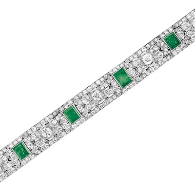 Lot 584 - Art Deco Platinum, Emerald and Diamond Bracelet