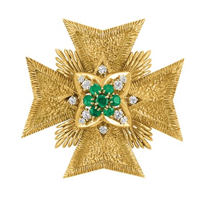 Lot 502 - Gold, Emerald and Diamond Maltese Cross Pendant-Brooch, Van Cleef & Arpels
