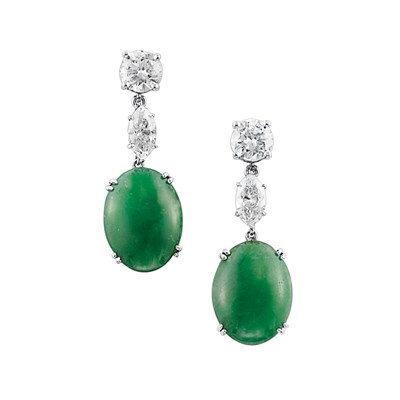 Lot 580 - Pair of Diamond and Jade Pendant-Earrings
