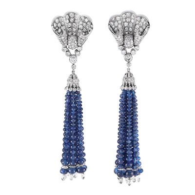 Lot 457 - Pair of Platinum, Diamond and Sapphire Bead Fringe Pendant-Earclips