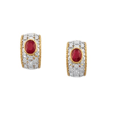 Lot 536 - Pair of Two-Color Gold, Ruby and Diamond Hoop Earrings, Mario Buccellati