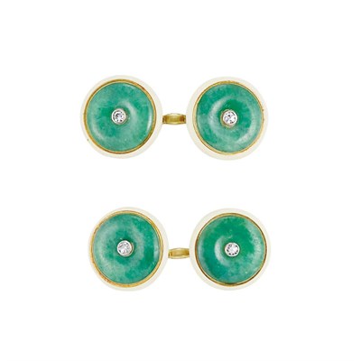 Lot 126 - Pair of Art Deco Gold, Jade, Diamond and Enamel Cufflinks, Cartier