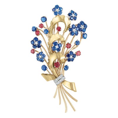 Lot 56 - Two-Color Gold, Platinum, Sapphire, Ruby and Diamond Flower Brooch, Tiffany & Co.