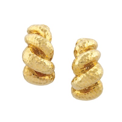 Lot 372 - Pair of Hammered Gold Hoop Earclips, David Webb